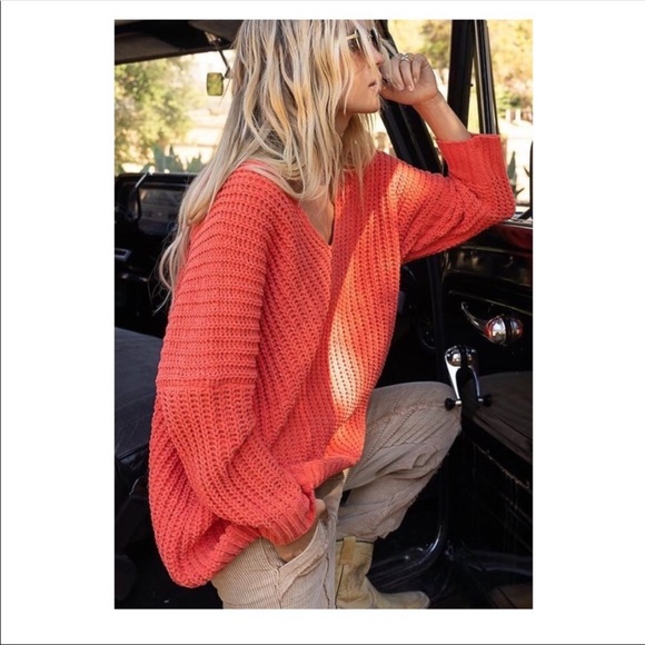 Orange Loose Knit V - Neck Gorgeous Sweater - Picture 5 of 7